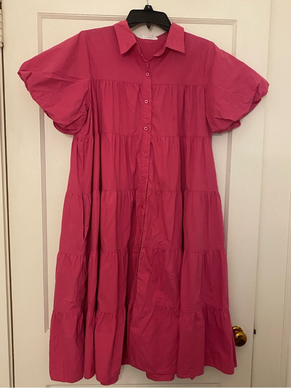 Peach Love California Hot Pink Tiered Midi Shirt Dress